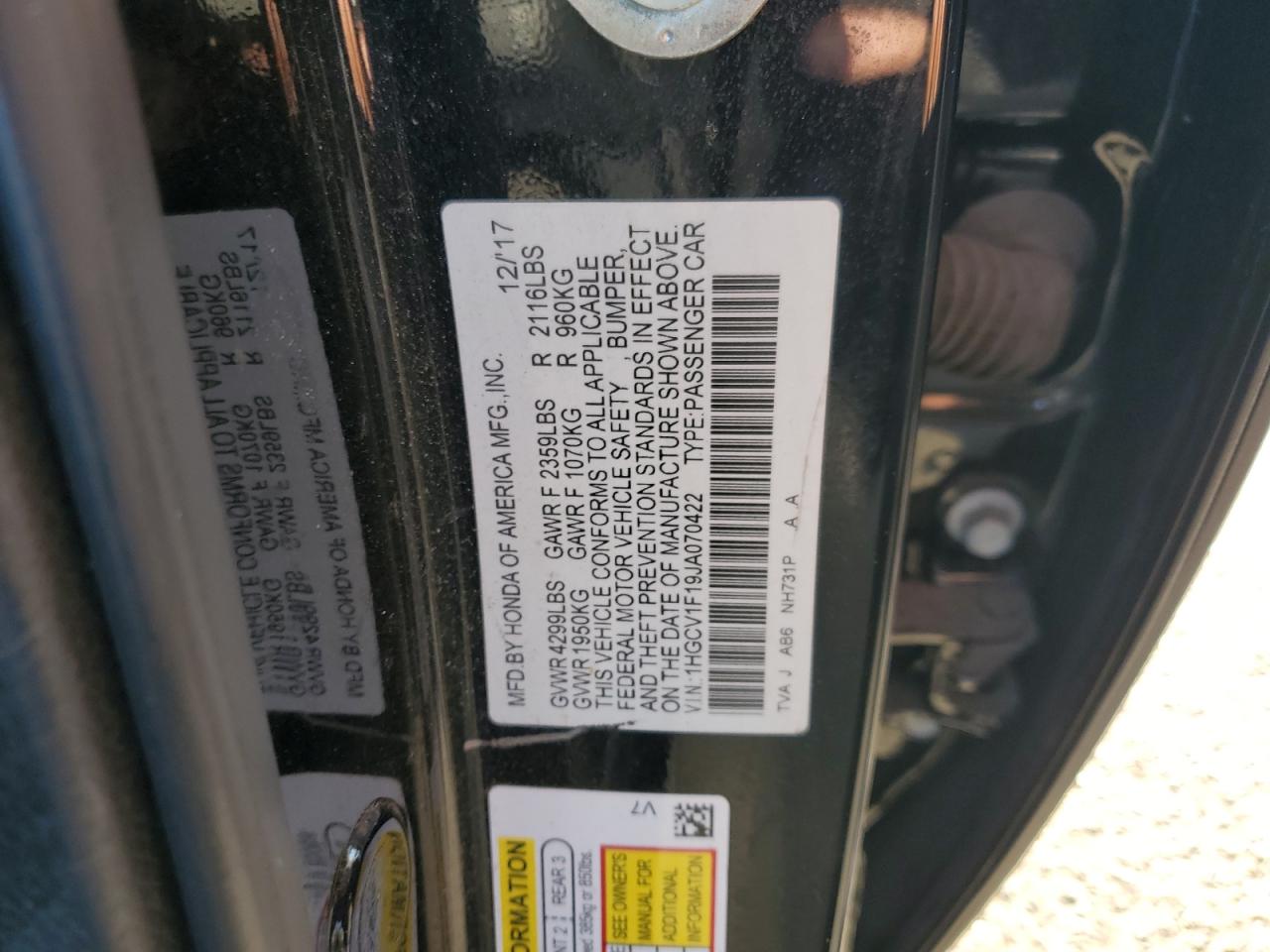 1HGCV1F19JA070422 2018 Honda Accord Lx