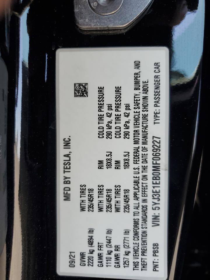 5YJ3E1EB0MF069227 2021 Tesla Model 3