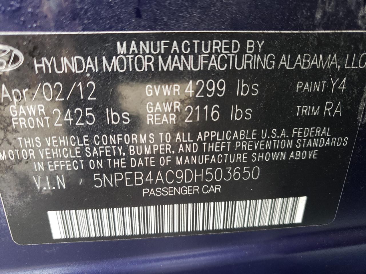 5NPEB4AC9DH503650 2013 Hyundai Sonata Gls