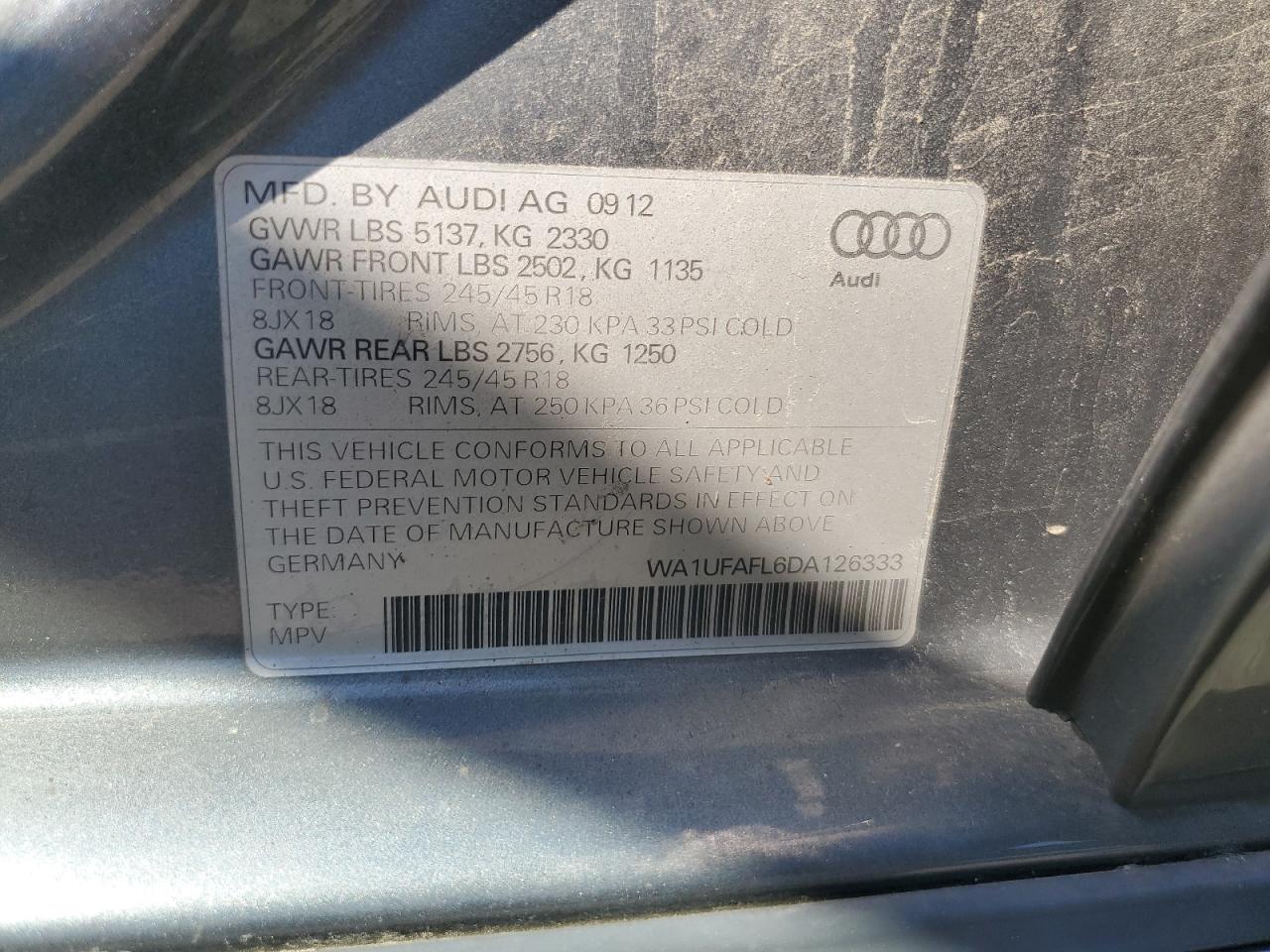 2013 Audi A4 Allroad Premium Plus VIN: WA1UFAFL6DA126333 Lot: 70223664