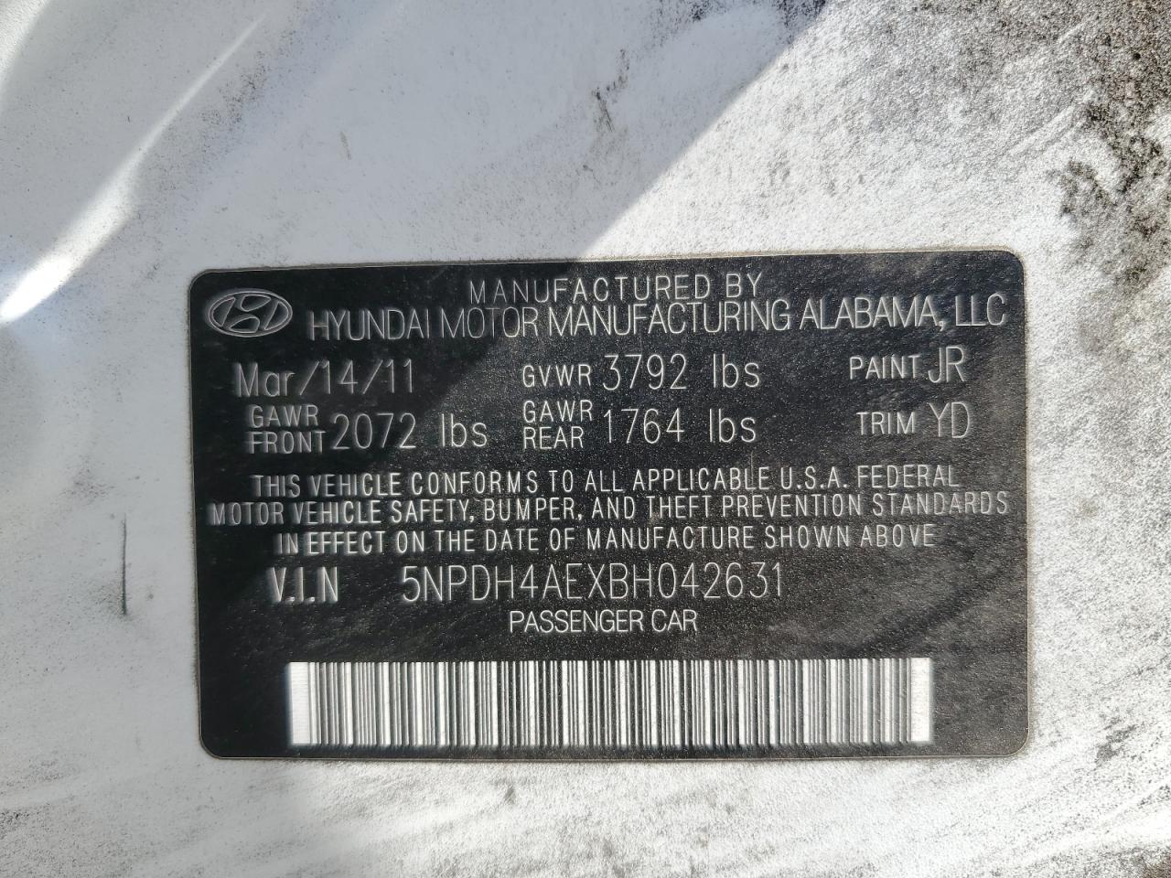 5NPDH4AEXBH042631 2011 Hyundai Elantra Gls