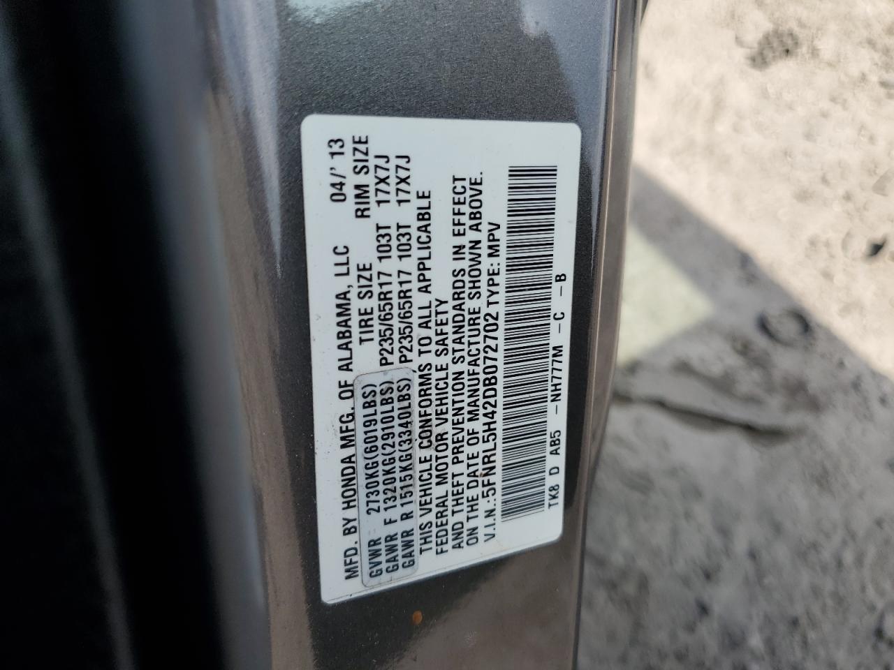 5FNRL5H42DB072702 2013 Honda Odyssey Ex