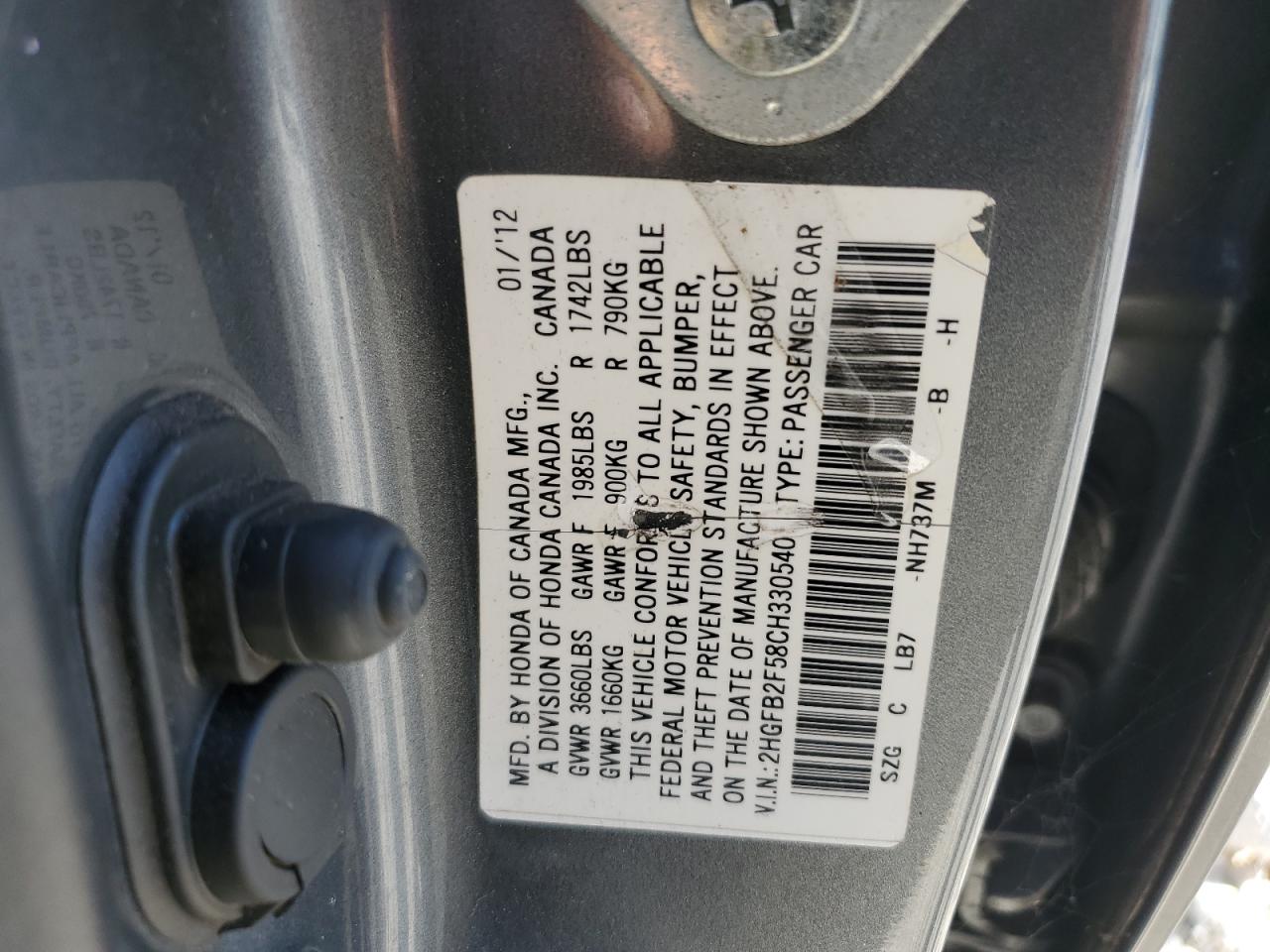 2HGFB2F58CH330540 2012 Honda Civic Lx