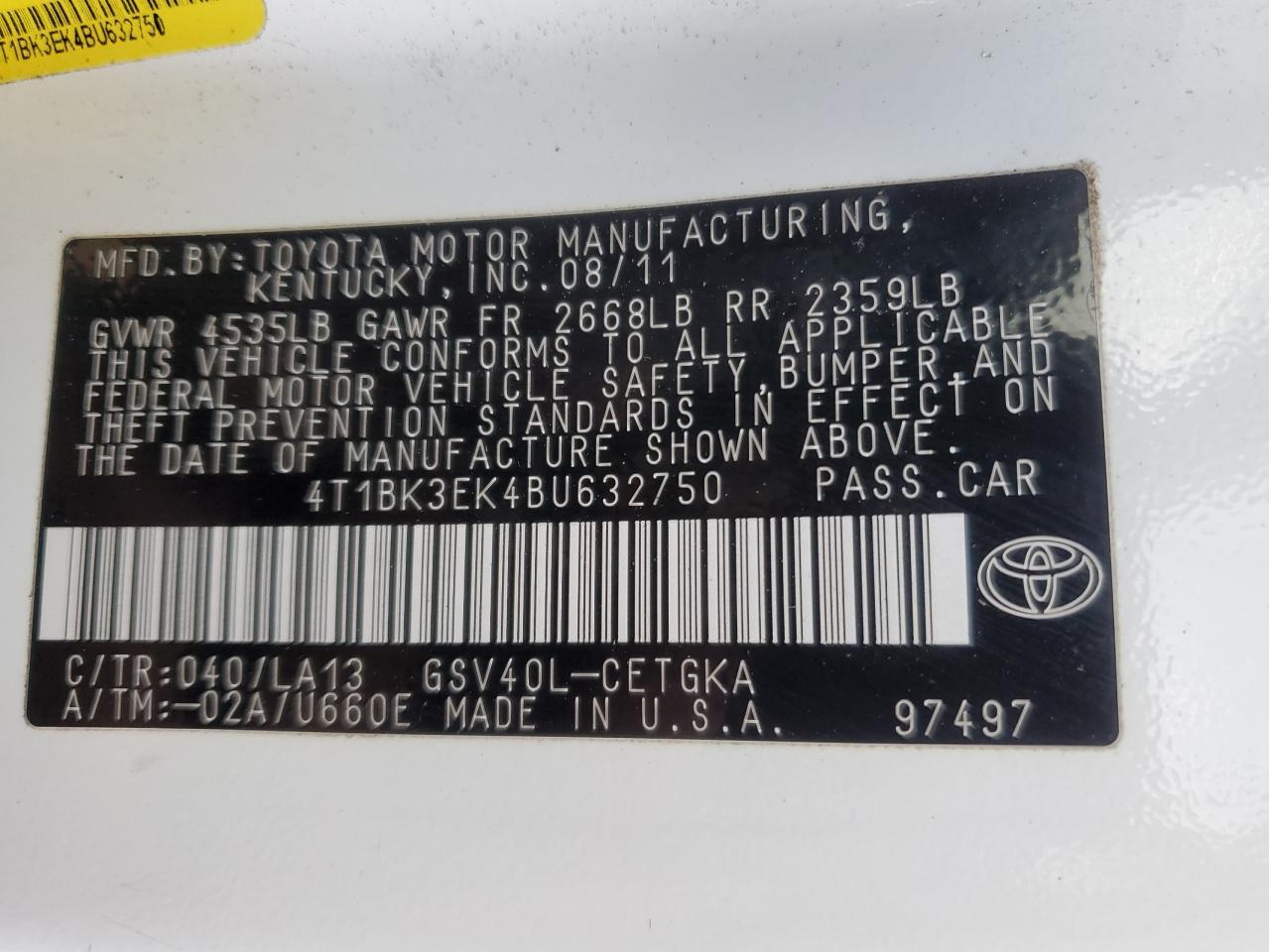 4T1BK3EK4BU632750 2011 Toyota Camry Se