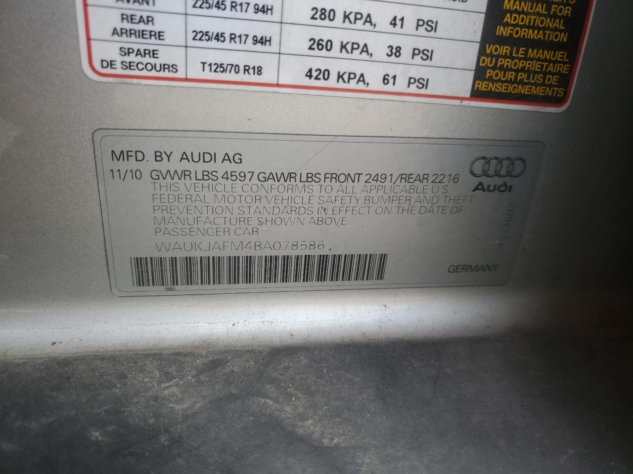 WAUKJAFM4BA078586 2011 Audi A3 Premium Plus