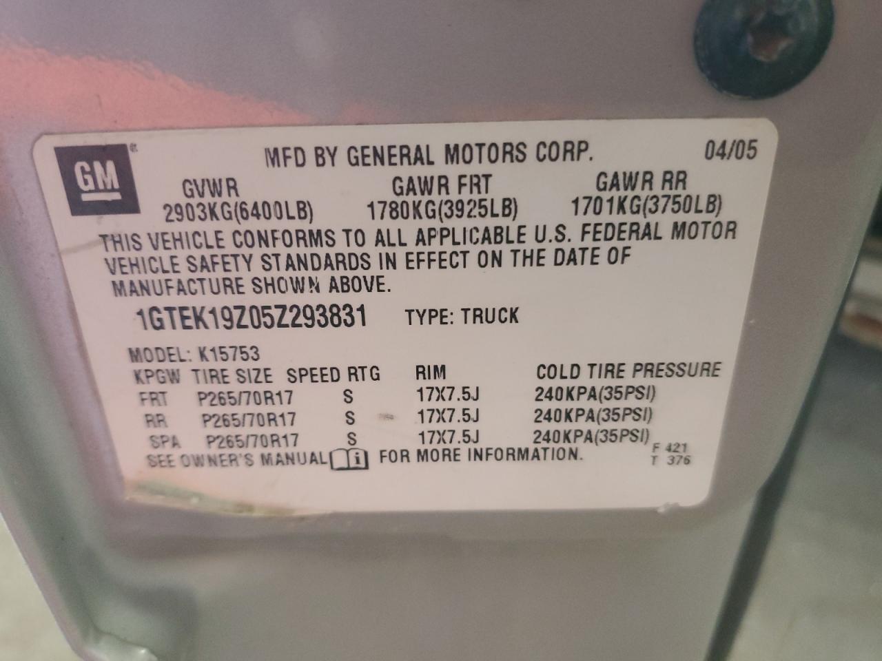 1GTEK19Z05Z293831 2005 GMC New Sierra K1500