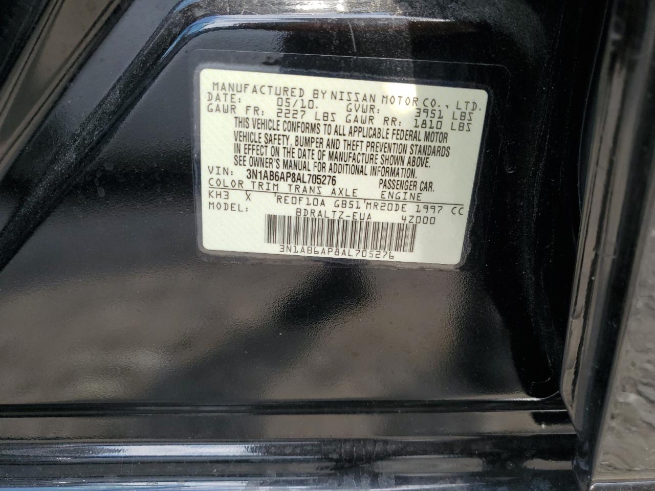 2010 Nissan Sentra 2.0 VIN: 3N1AB6AP8AL705276 Lot: 72247564