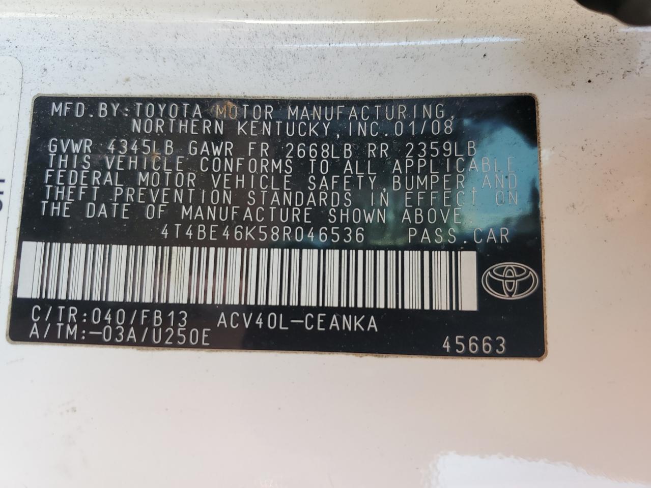 4T4BE46K58R046536 2008 Toyota Camry Ce