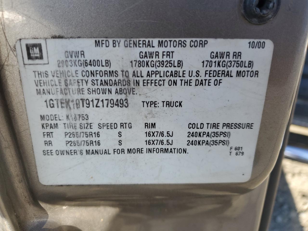 1GTEK19T91Z179493 2001 GMC New Sierra K1500