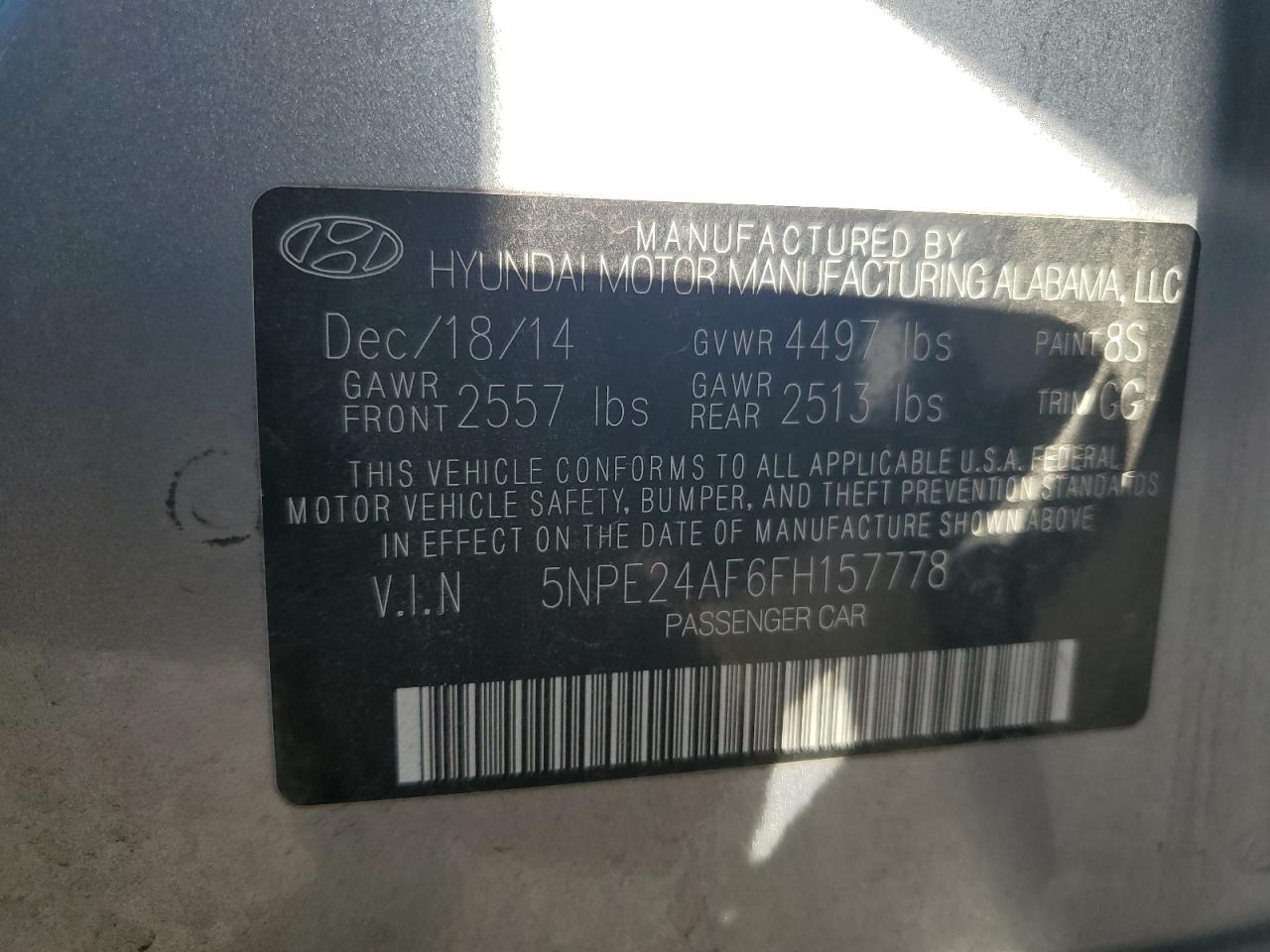 5NPE24AF6FH157778 2015 Hyundai Sonata Se