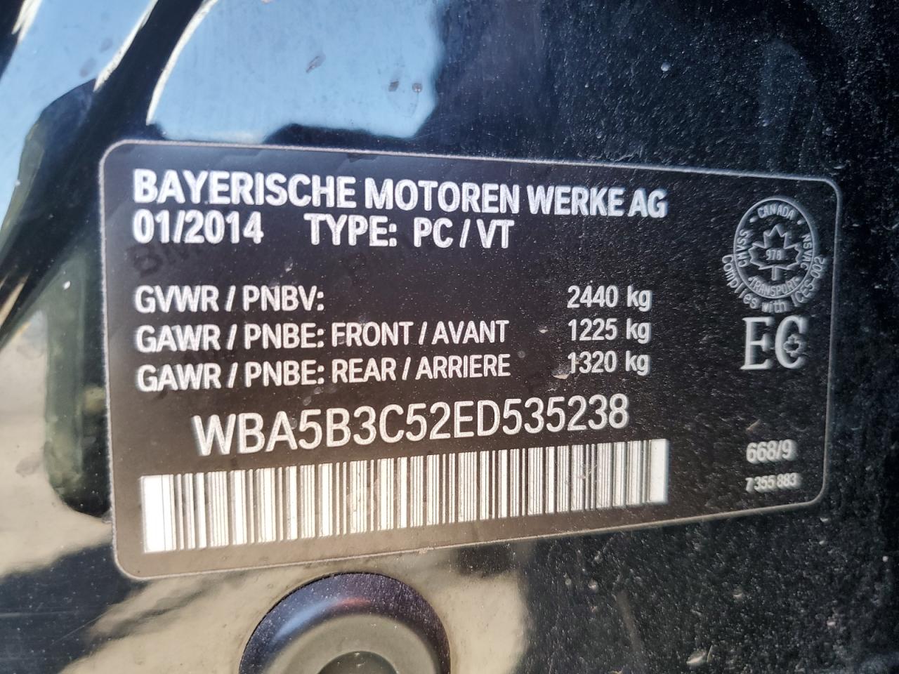 2014 BMW 535 Xi VIN: WBA5B3C52ED535238 Lot: 69301244