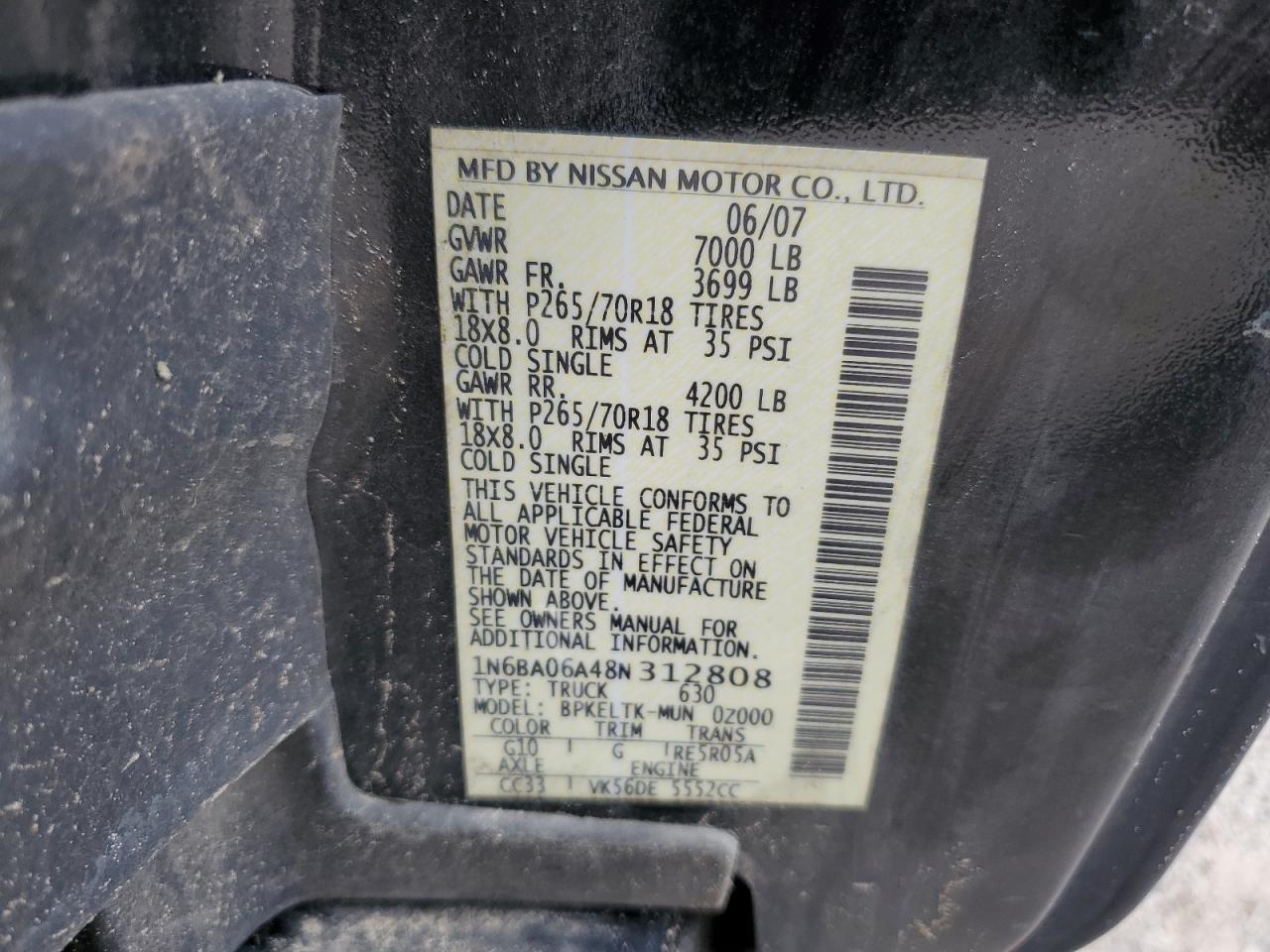 1N6BA06A48N312808 2008 Nissan Titan Xe