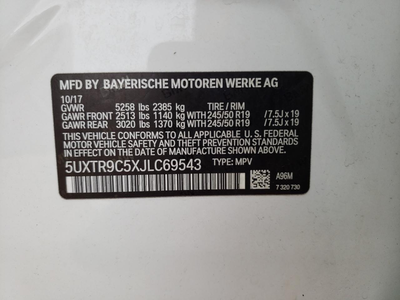 5UXTR9C5XJLC69543 2018 BMW X3 xDrive30I