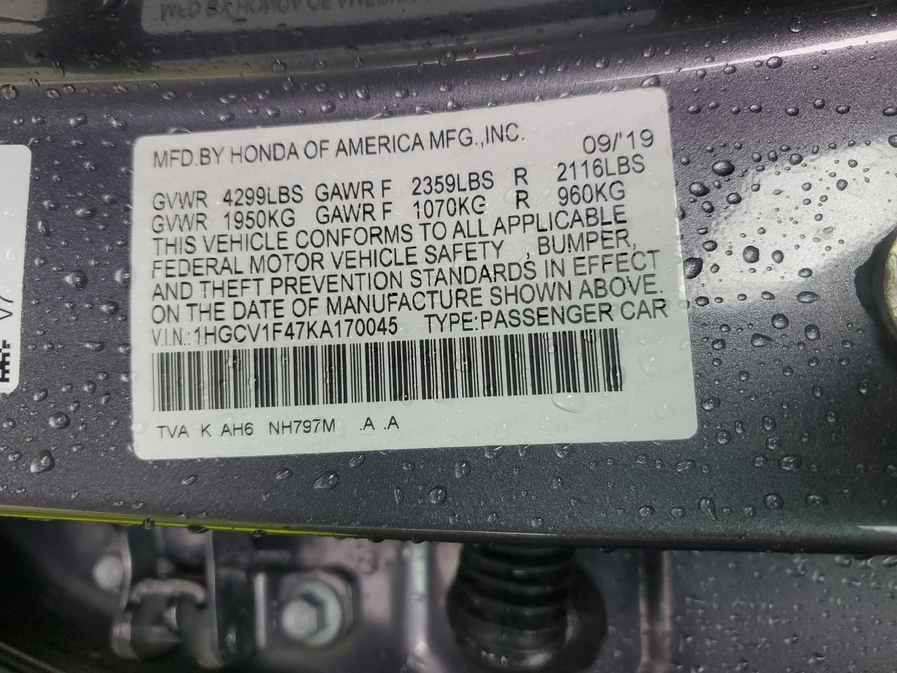 1HGCV1F47KA170045 2019 Honda Accord Ex