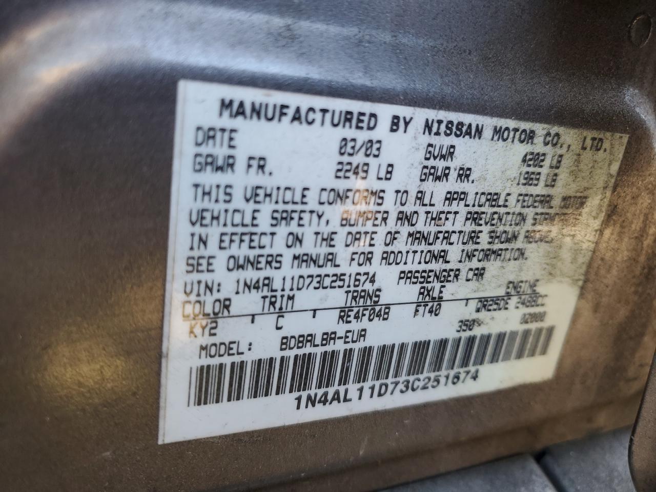 2003 Nissan Altima Base VIN: 1N4AL11D73C251674 Lot: 70421094