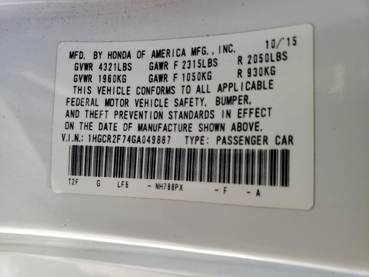 1HGCR2F74GA049887 2016 Honda Accord Ex