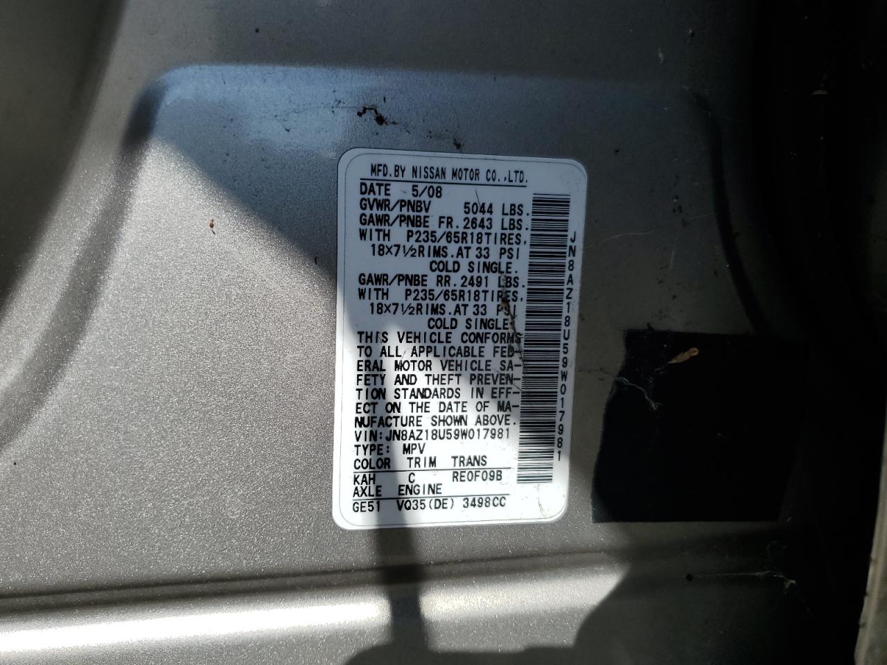 JN8AZ18U59W017981 2009 Nissan Murano S