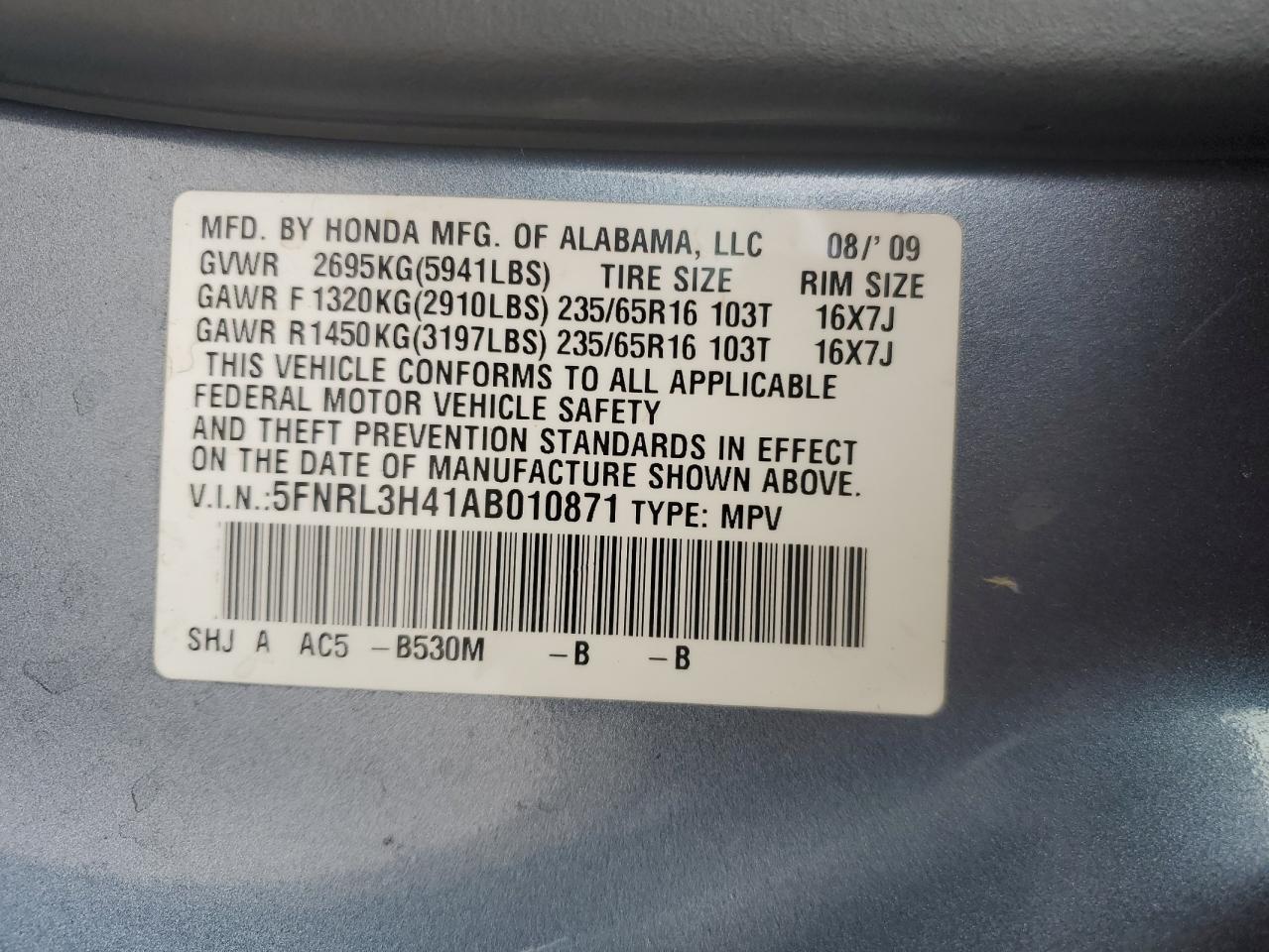 2010 Honda Odyssey Ex VIN: 5FNRL3H41AB010871 Lot: 71479344