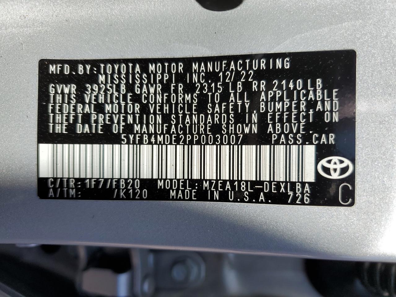 5YFB4MDE2PP003007 2023 Toyota Corolla Le