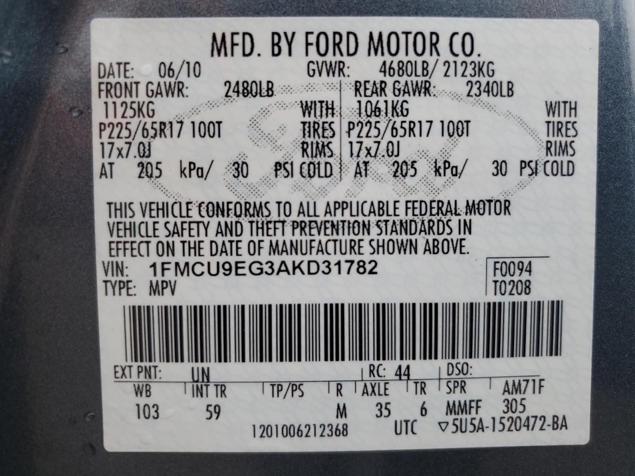 1FMCU9EG3AKD31782 2010 Ford Escape Limited