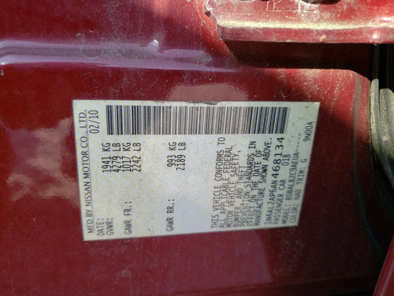 1N4AL2AP6AN468134 2010 Nissan Altima Base