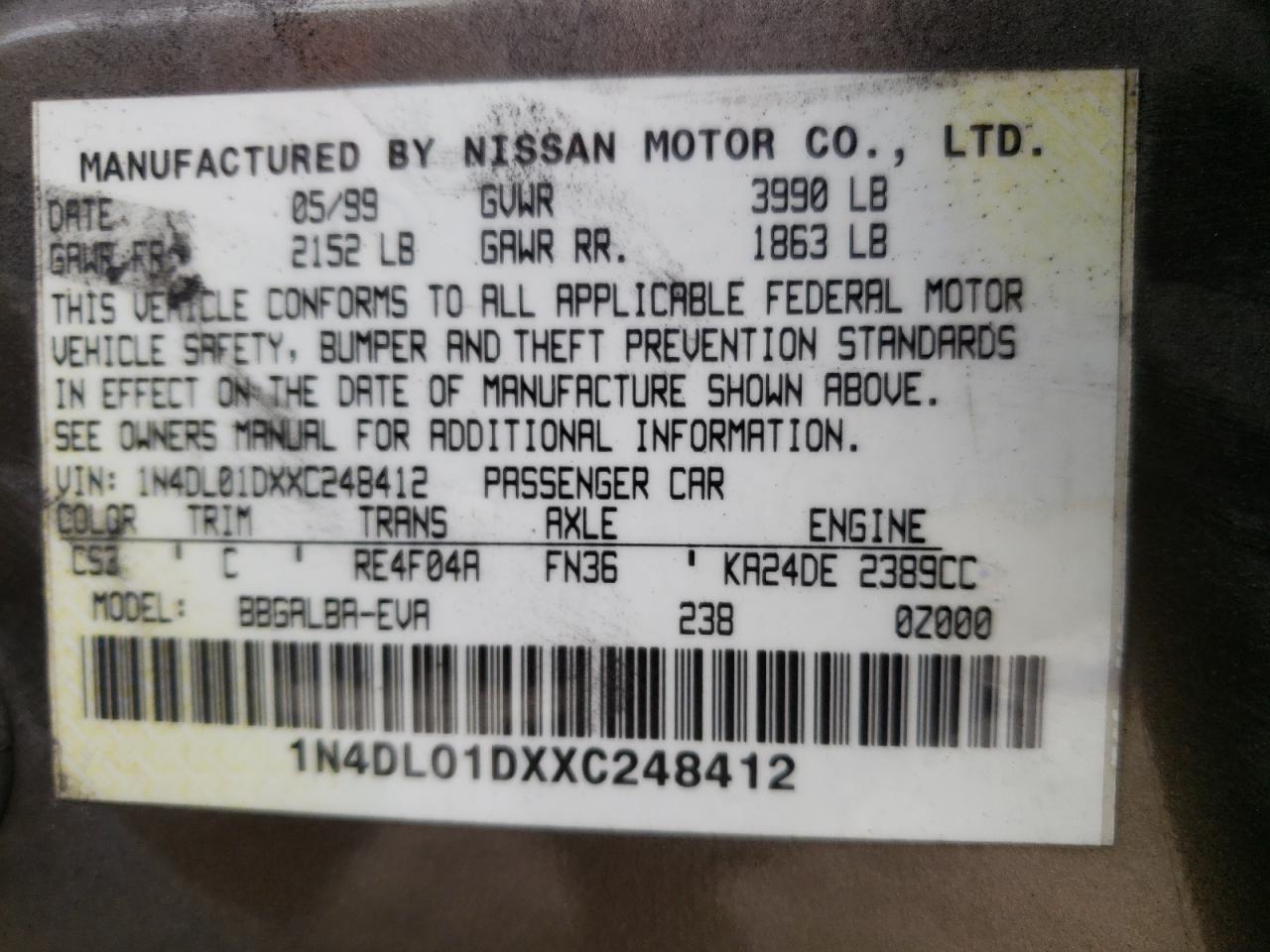 1N4DL01DXXC248412 1999 Nissan Altima Xe