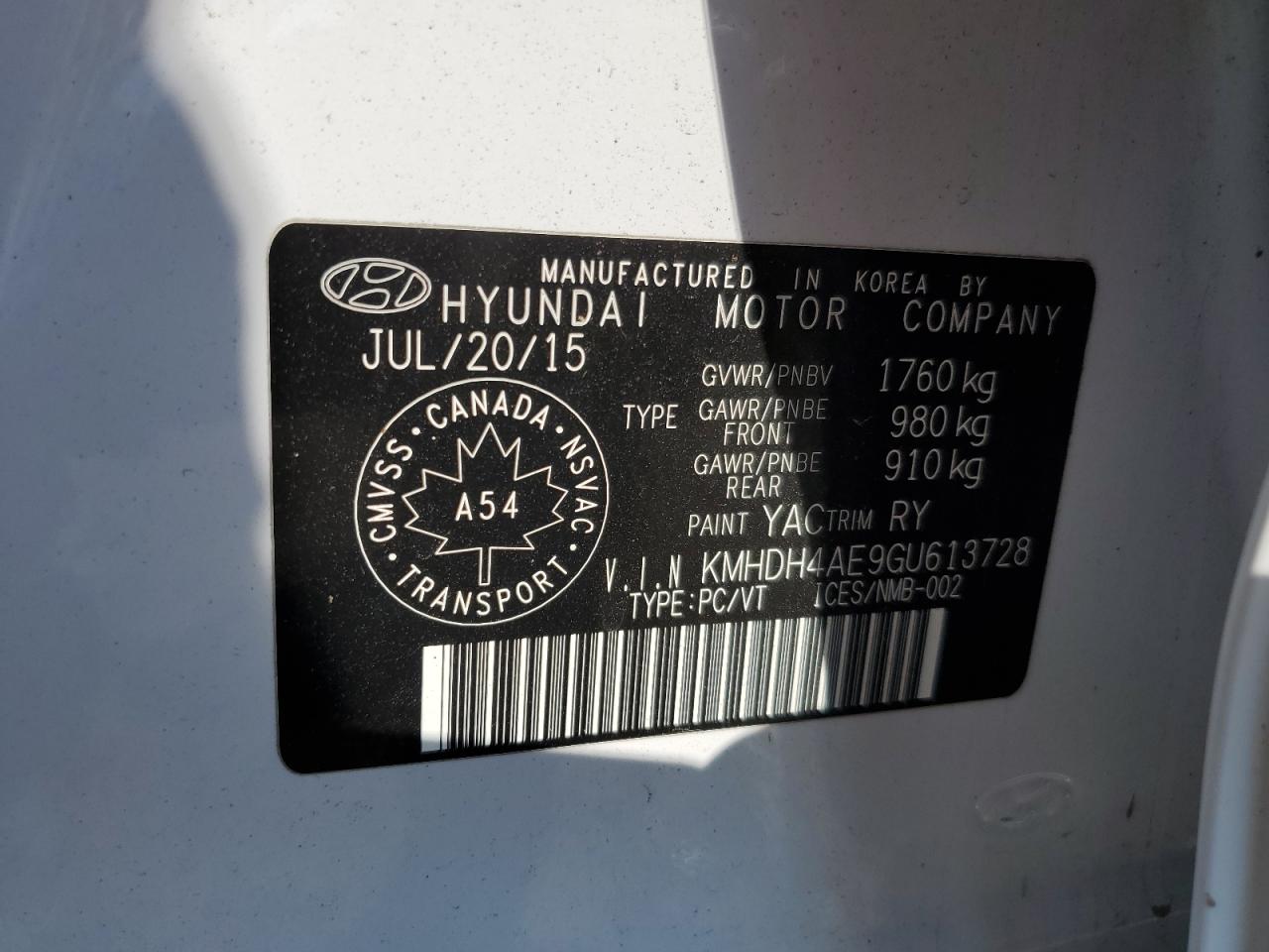 KMHDH4AE9GU613728 2016 Hyundai Elantra Se