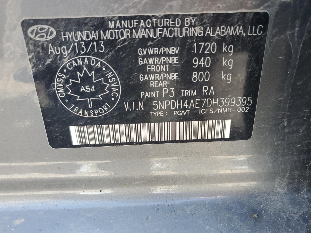 2013 Hyundai Elantra Gls VIN: 5NPDH4AE7DH399395 Lot: 73302394