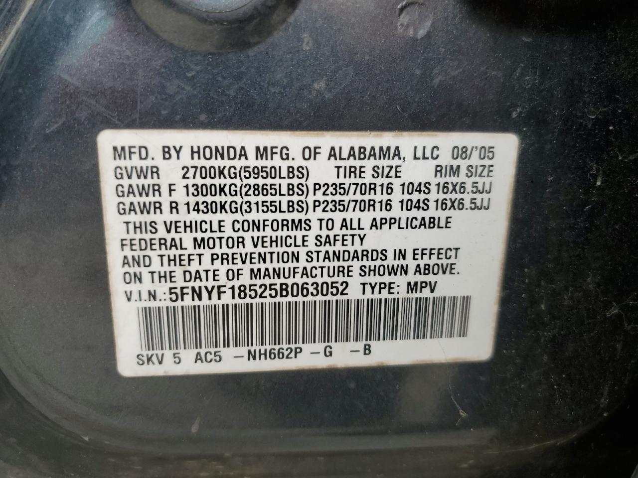 5FNYF18525B063052 2005 Honda Pilot Exl