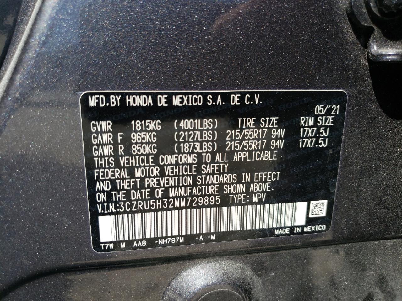 3CZRU5H32MM729895 2021 Honda Hr-V Lx