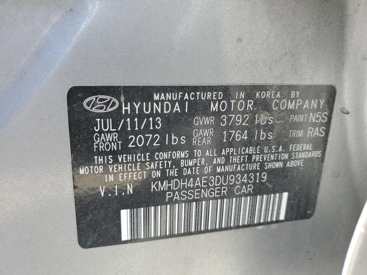 KMHDH4AE3DU934319 2013 Hyundai Elantra Gls