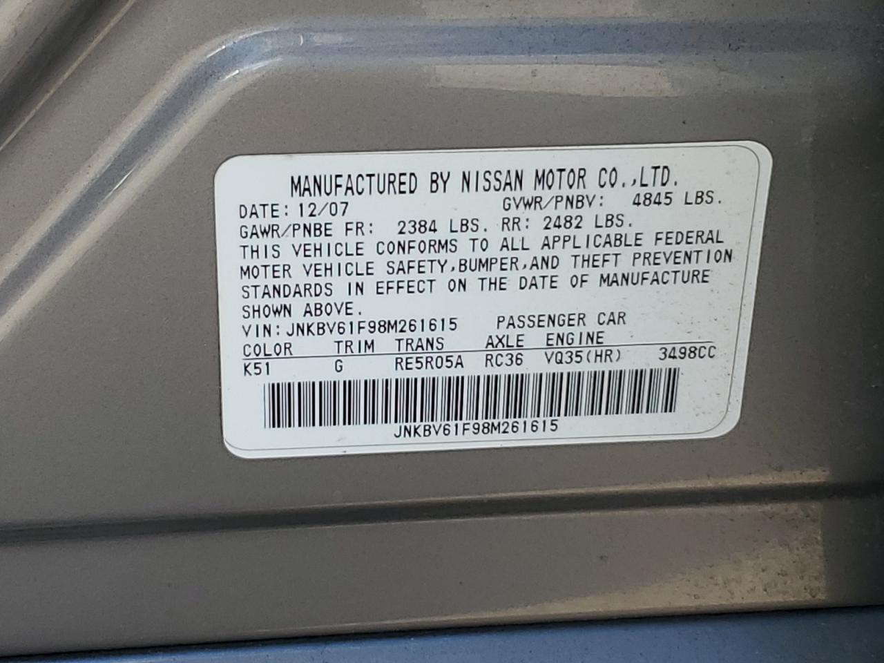 JNKBV61F98M261615 2008 Infiniti G35