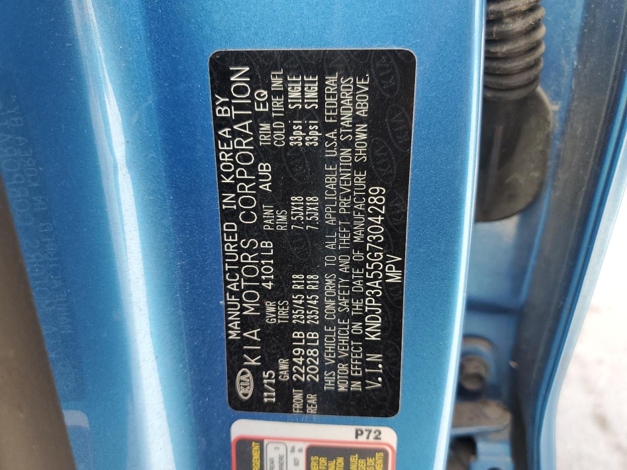 2016 Kia Soul + VIN: KNDJP3A55G7304289 Lot: 72202104