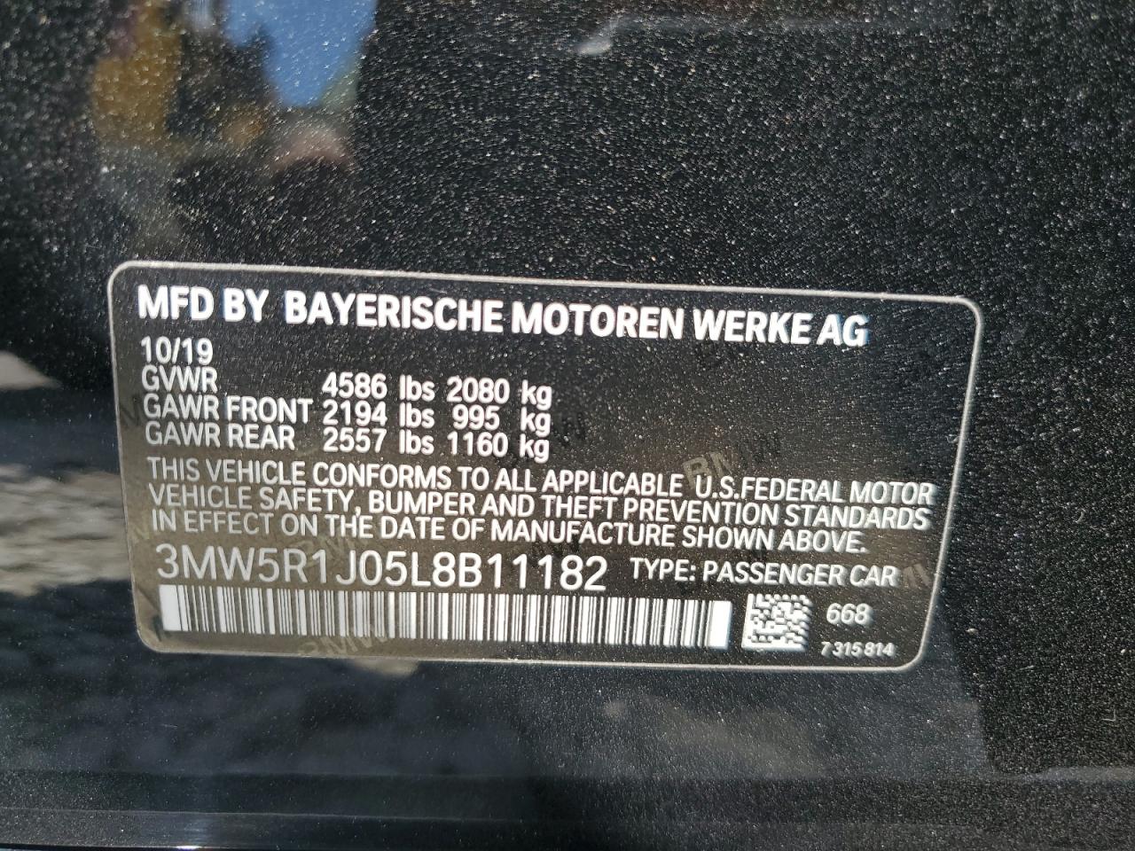 2020 BMW 330I VIN: 3MW5R1J05L8B11182 Lot: 72382894