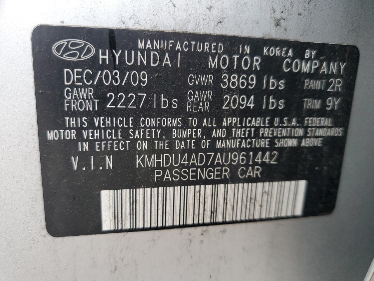 KMHDU4AD7AU961442 2010 Hyundai Elantra Blue