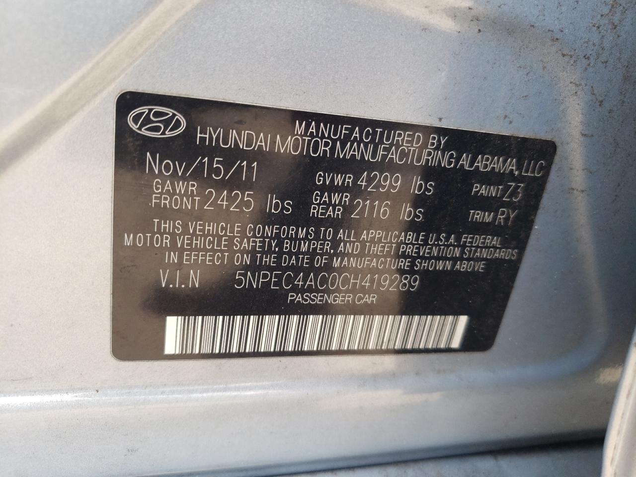 5NPEC4AC0CH419289 2012 Hyundai Sonata Se