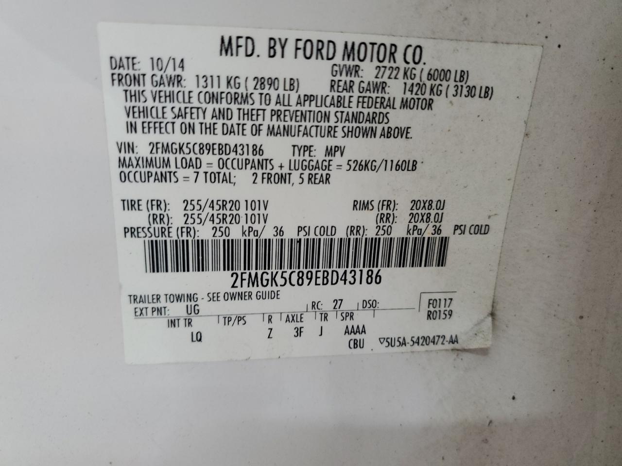 2FMGK5C89EBD43186 2014 Ford Flex Sel