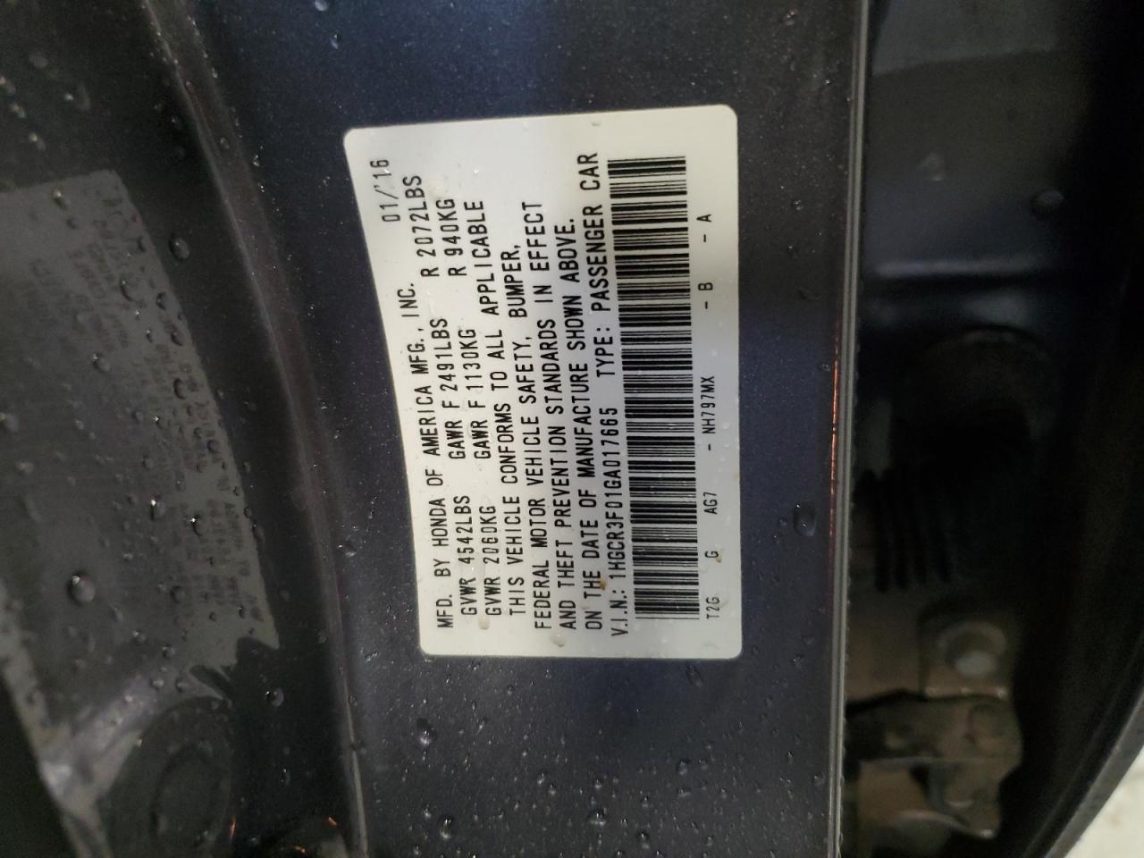 1HGCR3F01GA017665 2016 Honda Accord Exl