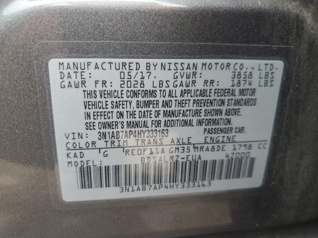 3N1AB7AP4HY333163 2017 Nissan Sentra S