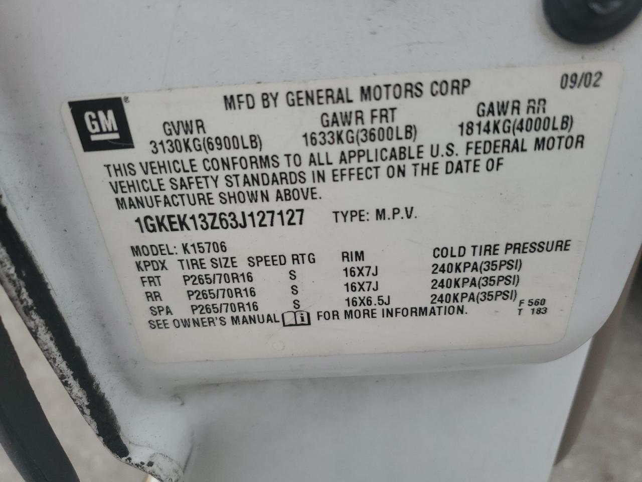 2003 GMC Yukon VIN: 1GKEK13Z63J127127 Lot: 71028314