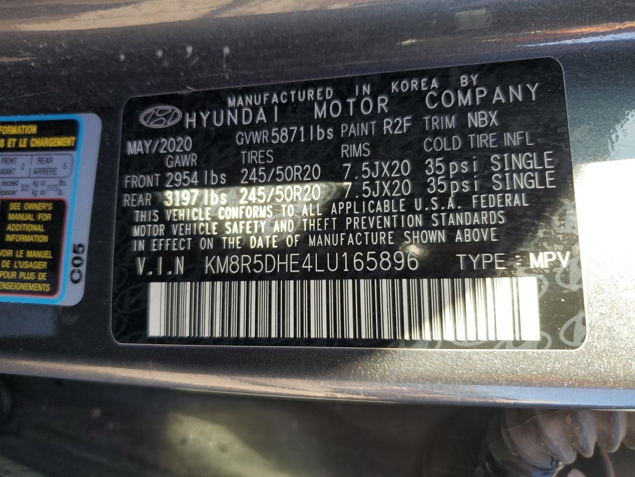 KM8R5DHE4LU165896 2020 Hyundai Palisade Limited