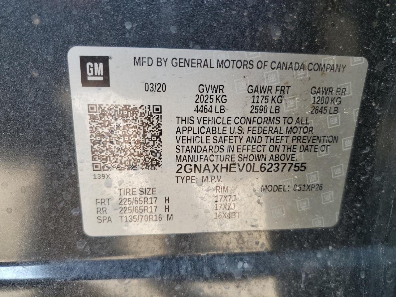 2GNAXHEV0L6237755 2020 Chevrolet Equinox Ls