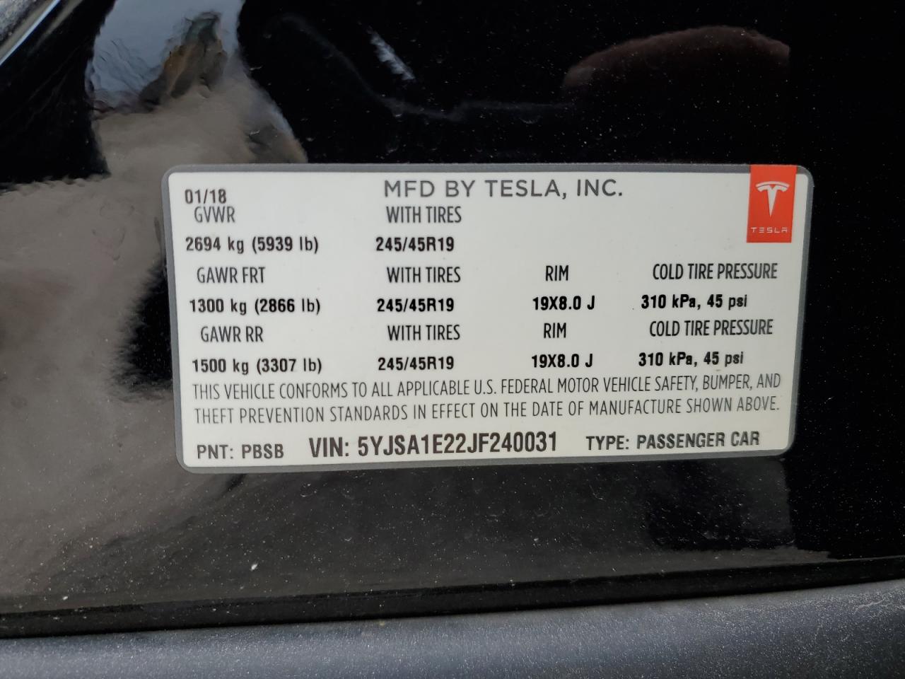 2018 Tesla Model S VIN: 5YJSA1E22JF240031 Lot: 71079974