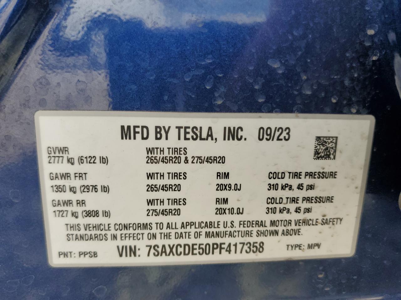 2023 Tesla Model X VIN: 7SAXCDE50PF417358 Lot: 72238354