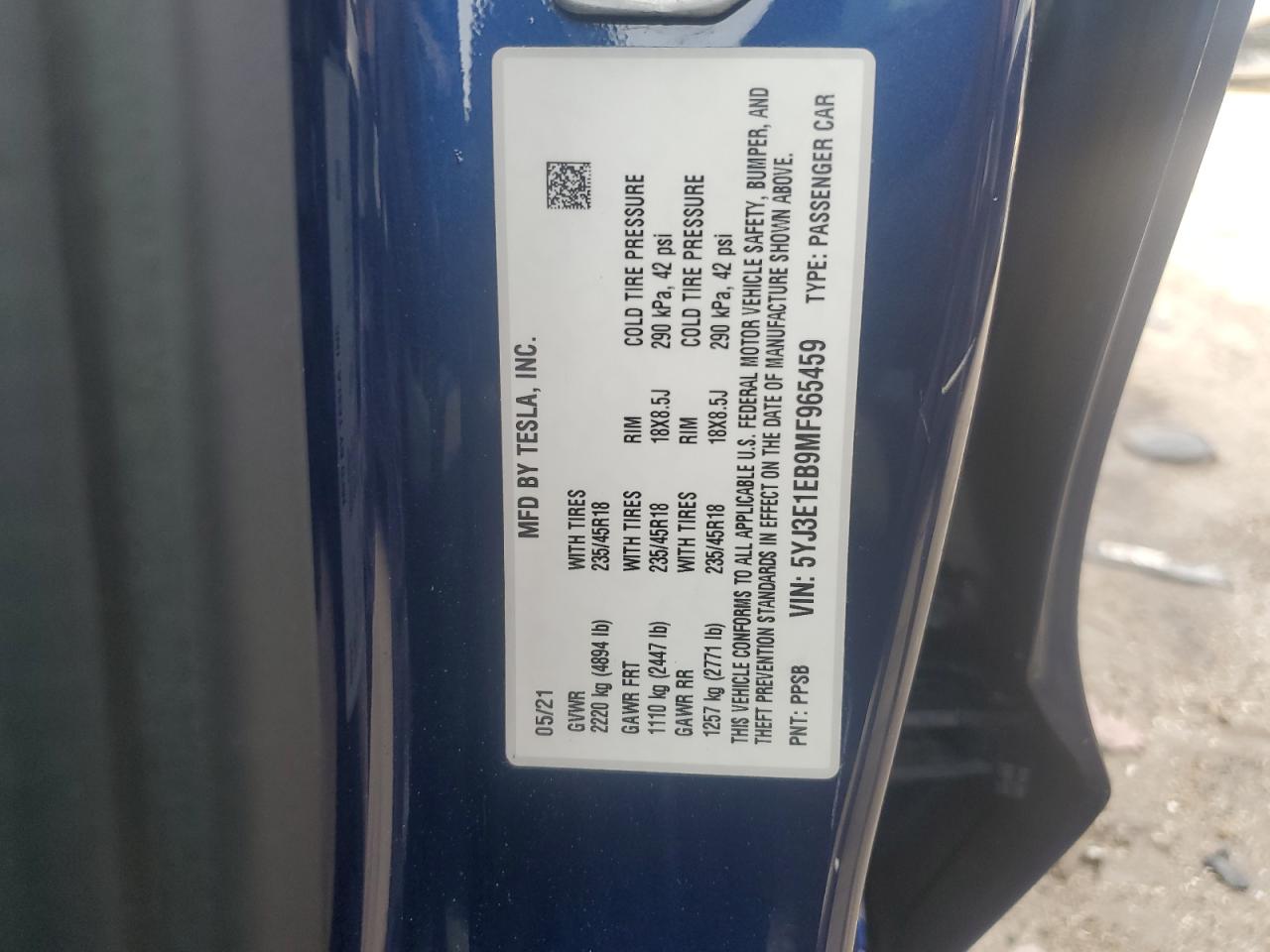 5YJ3E1EB9MF965459 2021 Tesla Model 3