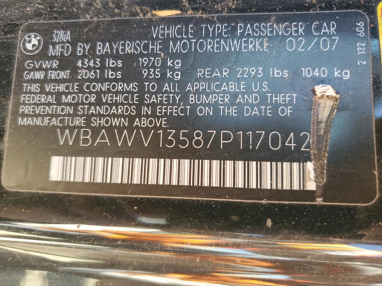 2007 BMW 328 I Sulev VIN: WBAWV13587P117042 Lot: 70862694