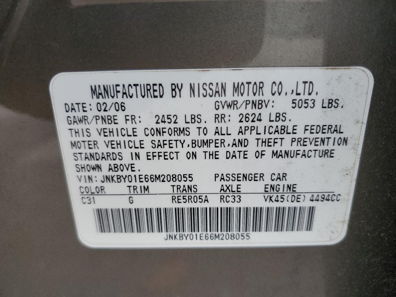 JNKBY01E66M208055 2006 Infiniti M45 Base