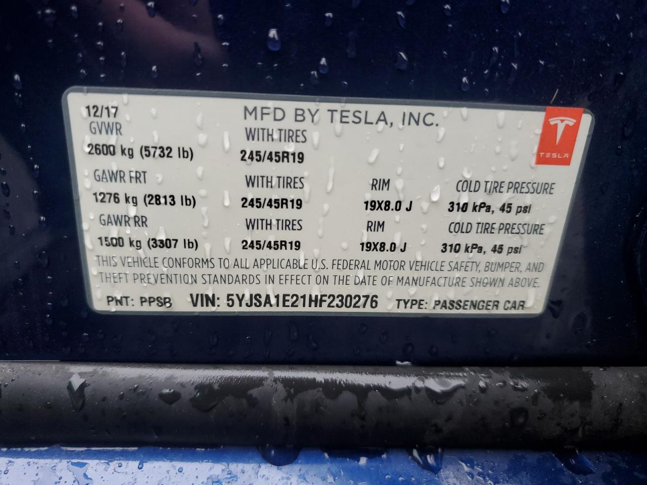 2017 Tesla Model S VIN: 5YJSA1E21HF230276 Lot: 72315044