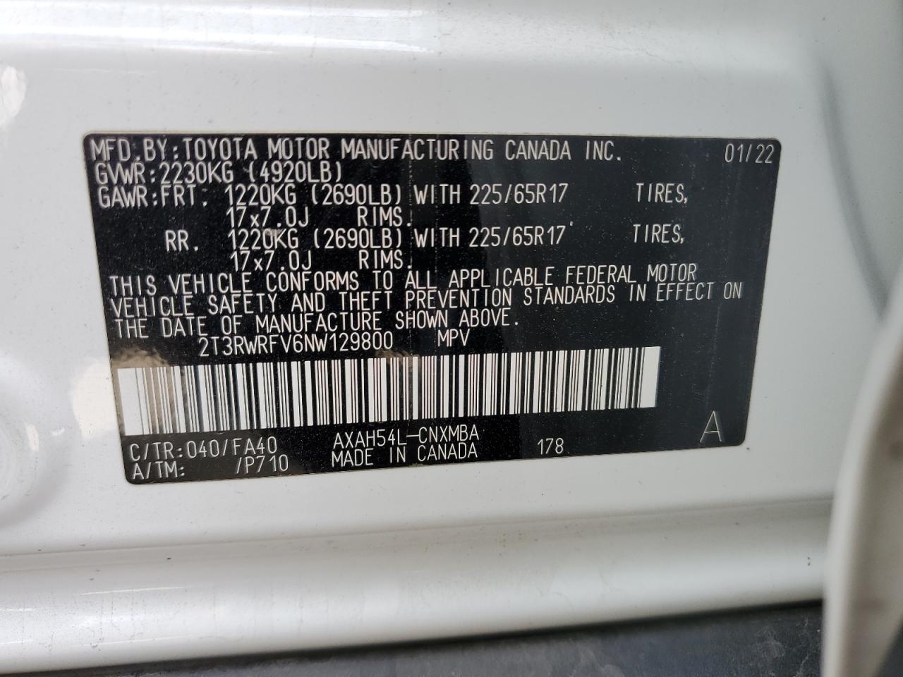 2T3RWRFV6NW129800 2022 Toyota Rav4 Xle