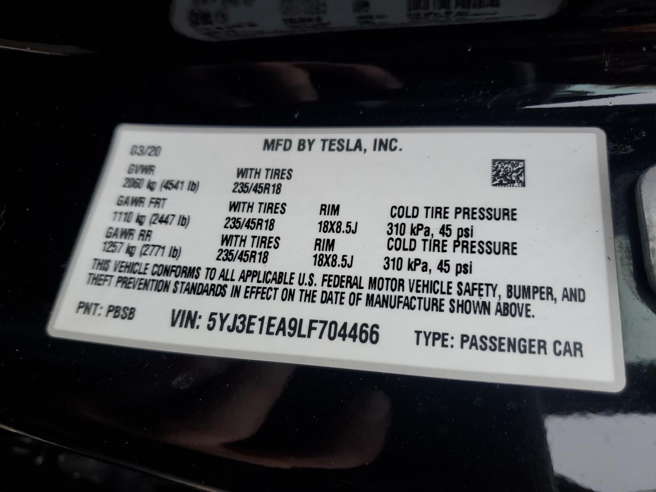 5YJ3E1EA9LF704466 2020 Tesla Model 3